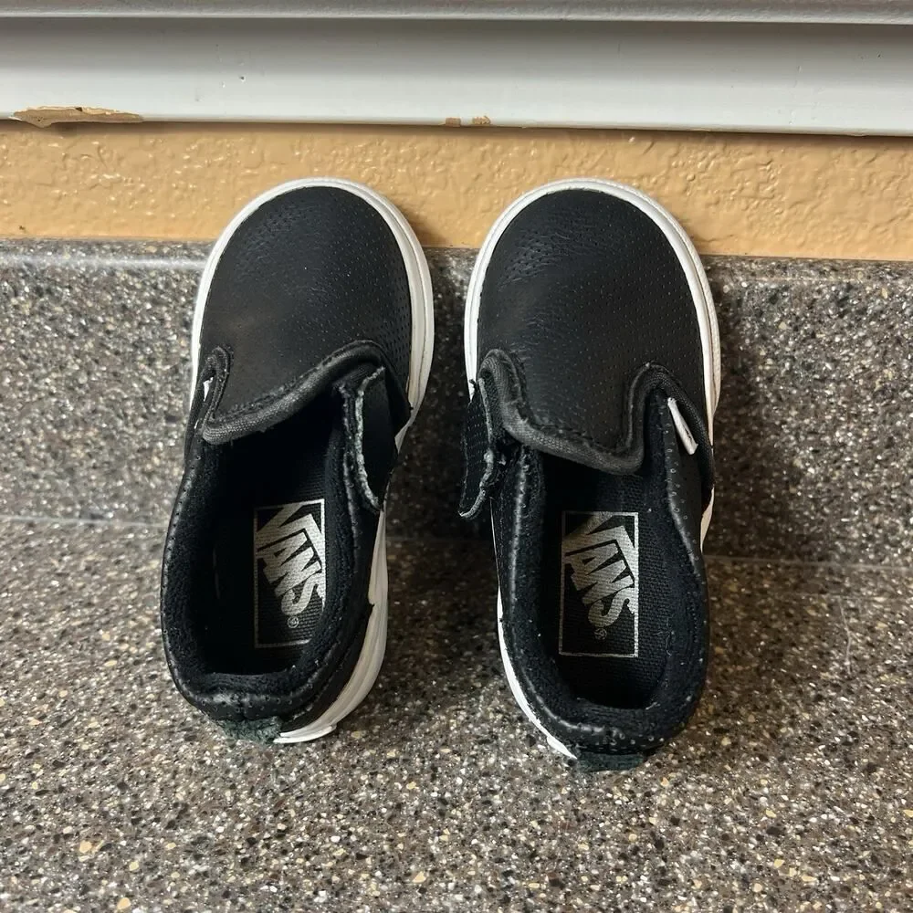 Vans Classic Little Kids Toddler Sz 6 Black Leather Sneaker Shoe Snap On Low Top